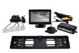 Parkovací asistent TFT01 4,3” s kamerou CAM-402 LED v podložke pod ŠPZ, 4-senzorové, strieborné